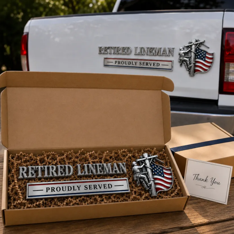 ⚡ RETIRED LINEMAN PROUDLY SERVED METAL CAR EMBLEM