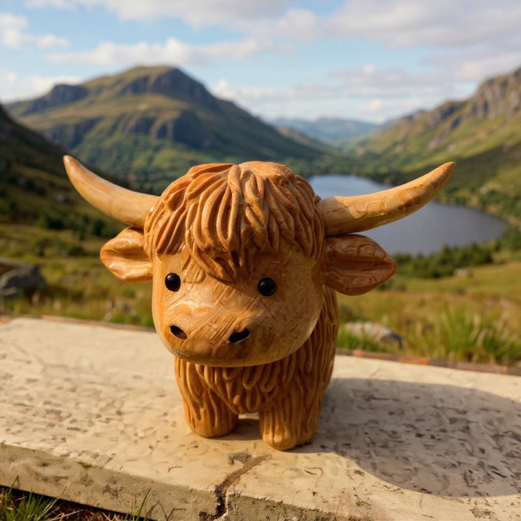 100% Hand-Carved Wooden Highland Cow Figurine – Rustic Farmhouse Decor, Meaningful Gift for Cow Lovers (Handmade by LiveWell®)