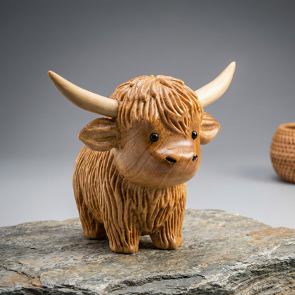 100% Hand-Carved Wooden Highland Cow Figurine – Rustic Farmhouse Decor, Meaningful Gift for Cow Lovers (Handmade by LiveWell®)