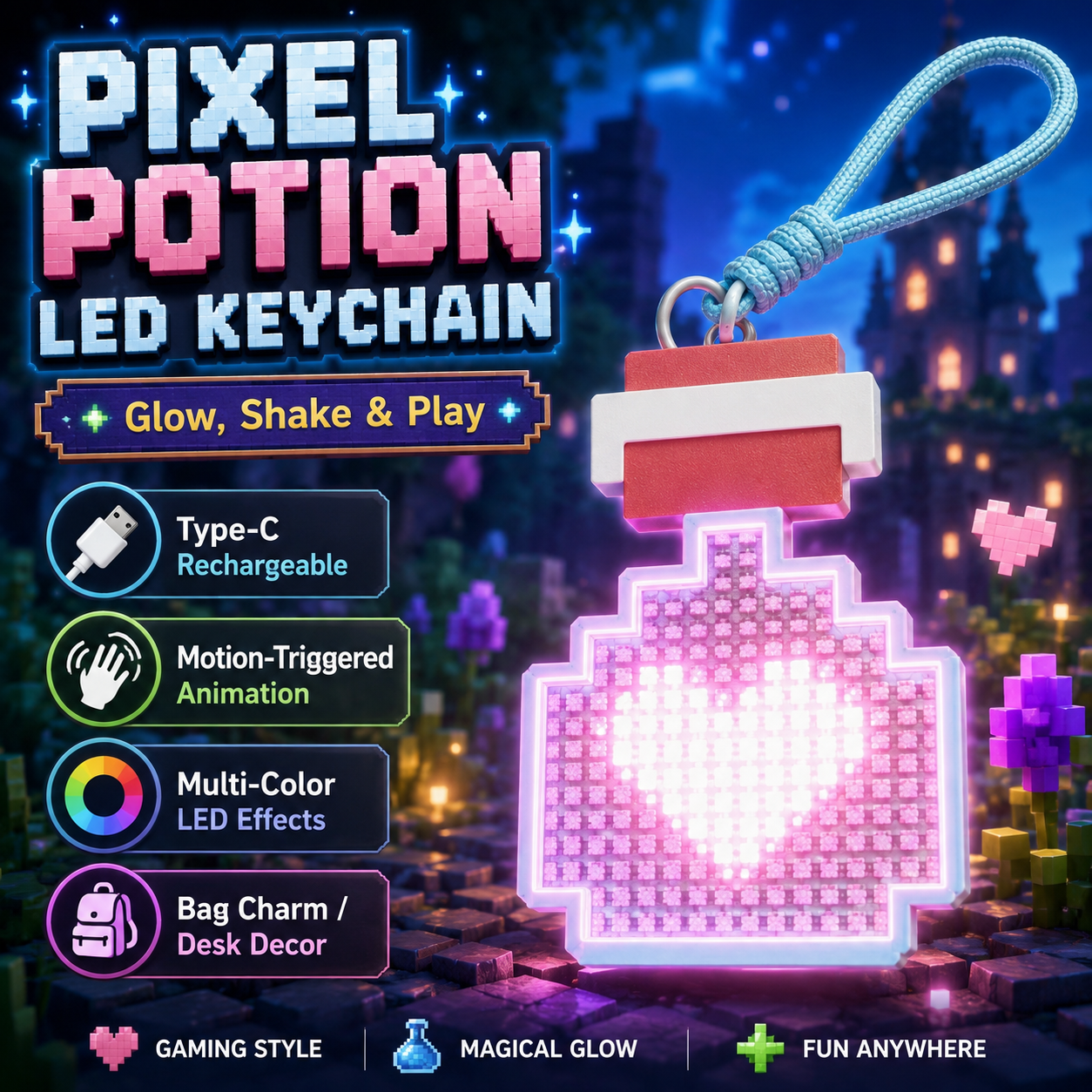 Pixel Potion Bottle LED Keychain