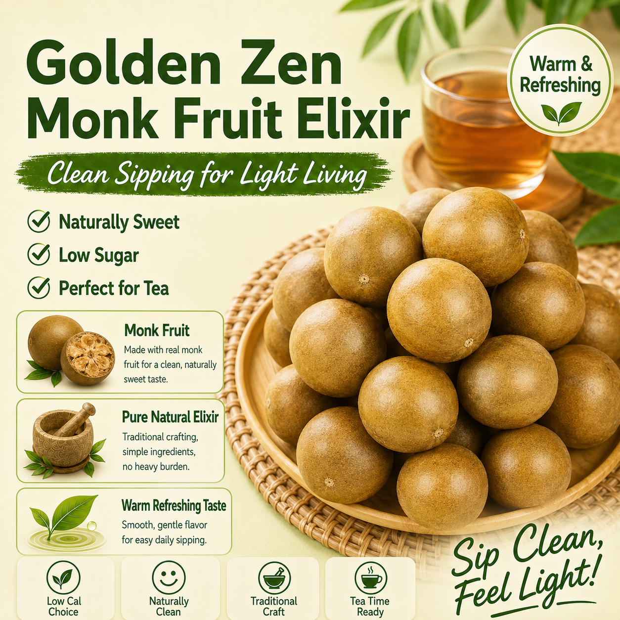 💪Say goodbye to high-calorie snacking—eat clean, stay lean! 🍨 Golden Zen Monk Fruit Elixir