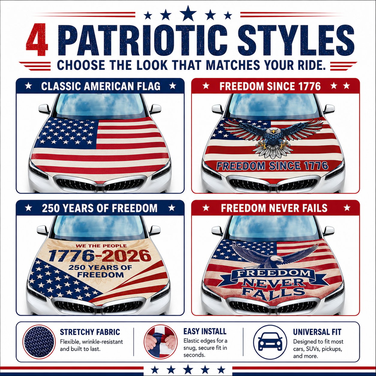 🇺🇸 Universal American Hood Flag Cover 🔥 Secure Buckle Design for Stable Highway Driving 🦅 Fits Most Cars, SUVs & Pickups【Buy 2 Free Shipping】