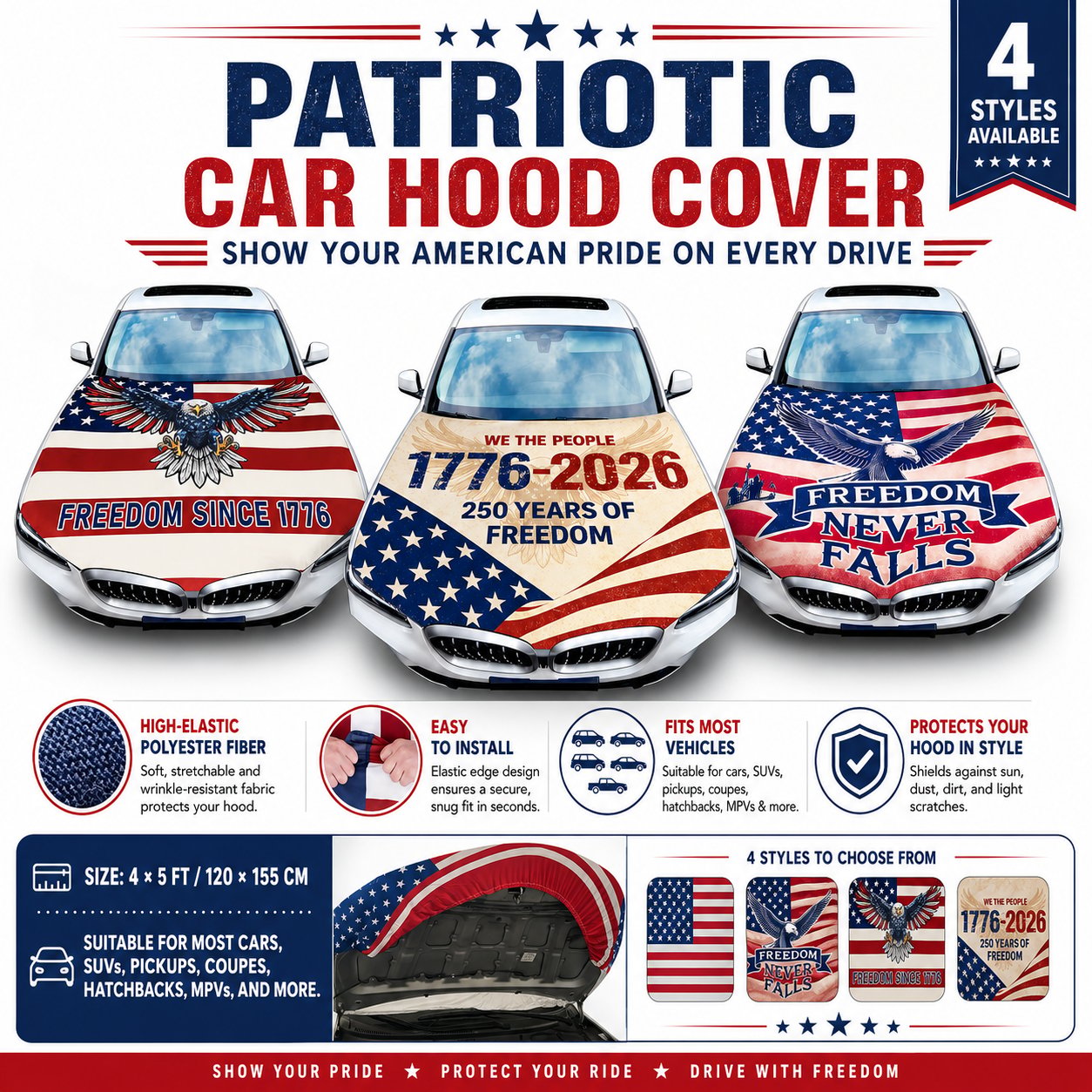 🇺🇸 Universal American Hood Flag Cover 🔥 Secure Buckle Design for Stable Highway Driving 🦅 Fits Most Cars, SUVs & Pickups【Buy 2 Free Shipping】