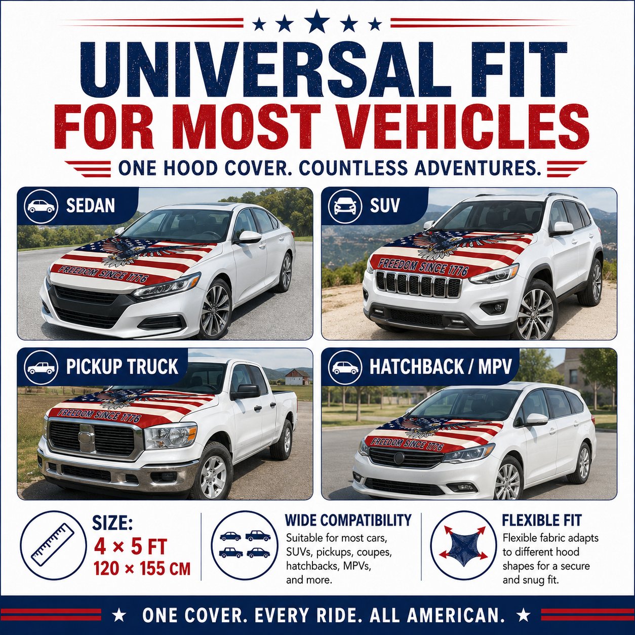 🇺🇸 Universal American Hood Flag Cover 🔥 Secure Buckle Design for Stable Highway Driving 🦅 Fits Most Cars, SUVs & Pickups【Buy 2 Free Shipping】