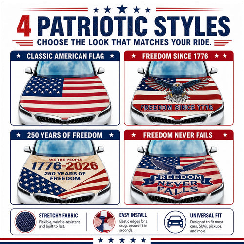 🇺🇸 Universal American Hood Flag Cover 🔥 Secure Buckle Design for Stable Highway Driving 🦅 Fits Most Cars, SUVs & Pickups【Buy 2 Free Shipping】