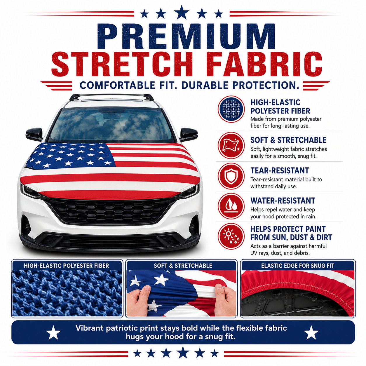 🇺🇸 Universal American Hood Flag Cover 🔥 Secure Buckle Design for Stable Highway Driving 🦅 Fits Most Cars, SUVs & Pickups【Buy 2 Free Shipping】
