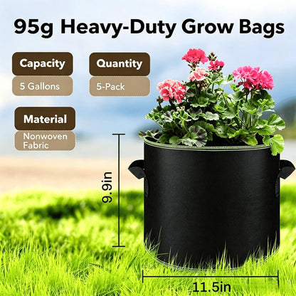 5-Pack 5 Gallon Grow Bags - Heavy Duty Aeration Fabric Pots with Handles