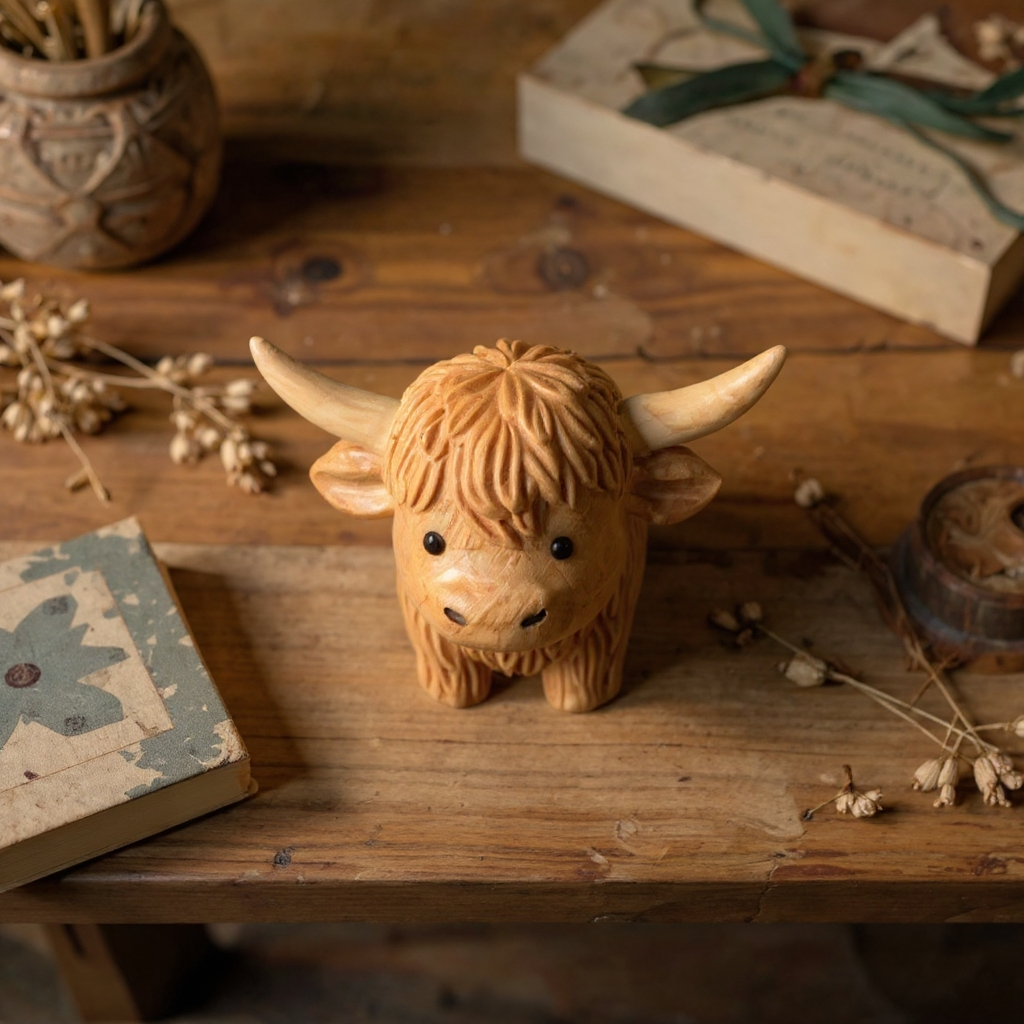 100% Hand-Carved Wooden Highland Cow Figurine – Rustic Farmhouse Decor, Meaningful Gift for Cow Lovers (Handmade by LiveWell®)