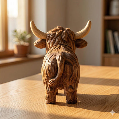 100% Hand-Carved Wooden Highland Cow Figurine – Rustic Farmhouse Decor, Meaningful Gift for Cow Lovers (Handmade by LiveWell®)