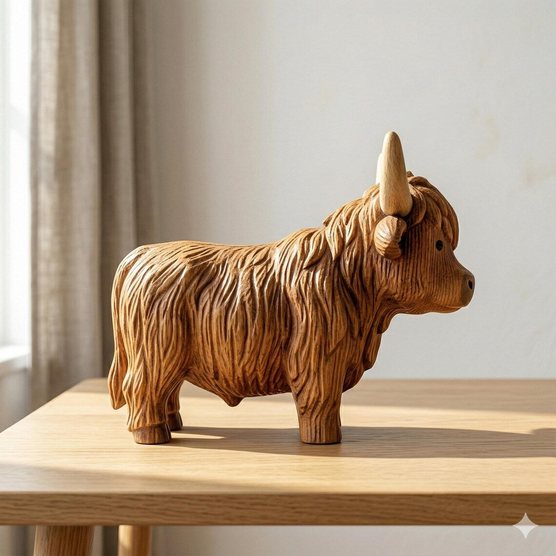 100% Hand-Carved Wooden Highland Cow Figurine – Rustic Farmhouse Decor, Meaningful Gift for Cow Lovers (Handmade by LiveWell®)