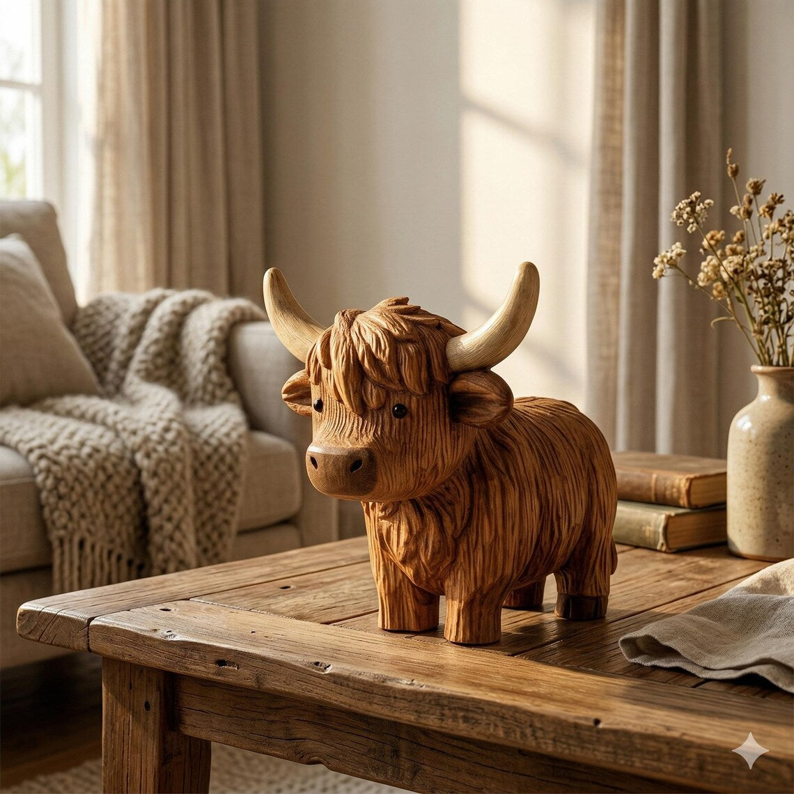 100% Hand-Carved Wooden Highland Cow Figurine – Rustic Farmhouse Decor, Meaningful Gift for Cow Lovers (Handmade by LiveWell®)