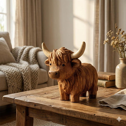 100% Hand-Carved Wooden Highland Cow Figurine – Rustic Farmhouse Decor, Meaningful Gift for Cow Lovers (Handmade by LiveWell®)