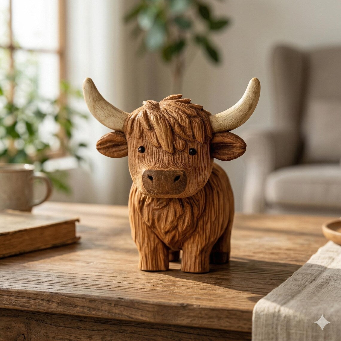 100% Hand-Carved Wooden Highland Cow Figurine – Rustic Farmhouse Decor, Meaningful Gift for Cow Lovers (Handmade by LiveWell®)