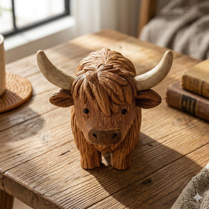 100% Hand-Carved Wooden Highland Cow Figurine – Rustic Farmhouse Decor, Meaningful Gift for Cow Lovers (Handmade by LiveWell®)