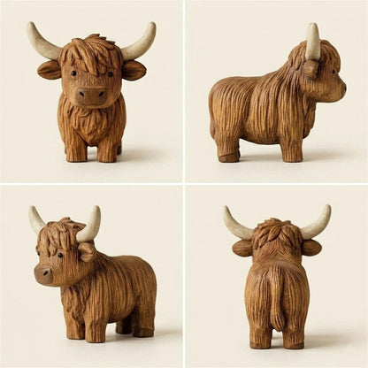 100% Hand-Carved Wooden Highland Cow Figurine – Rustic Farmhouse Decor, Meaningful Gift for Cow Lovers (Handmade by LiveWell®)