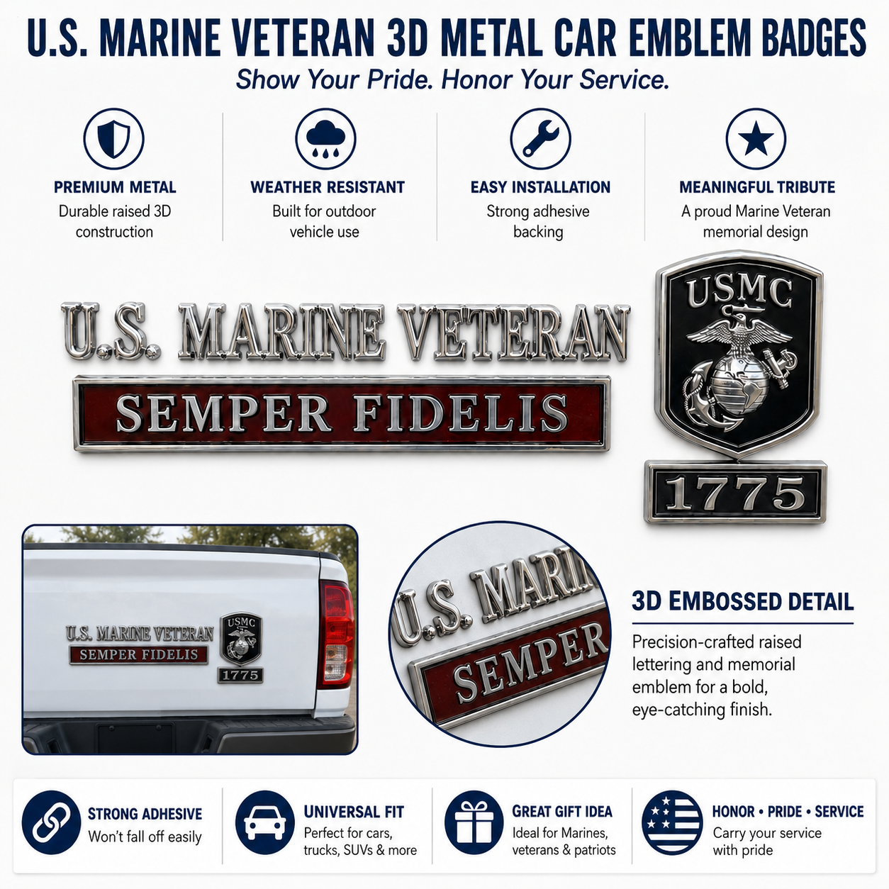 USMC car emblem metal badge detail image